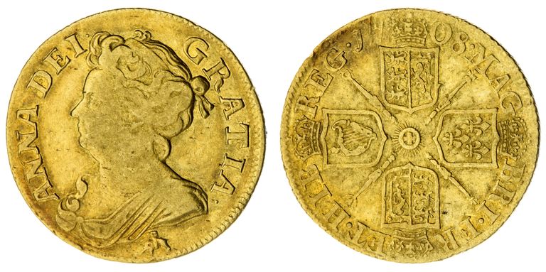 Üliharuldane kuninganna Anne 1708. aasta gini Ellerby kuldmündileiust