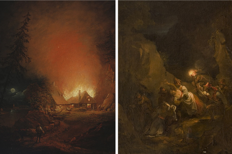Александр Лауреус. Горящая ферма в ночи (1809). Нападение разбойников в горах (1823).