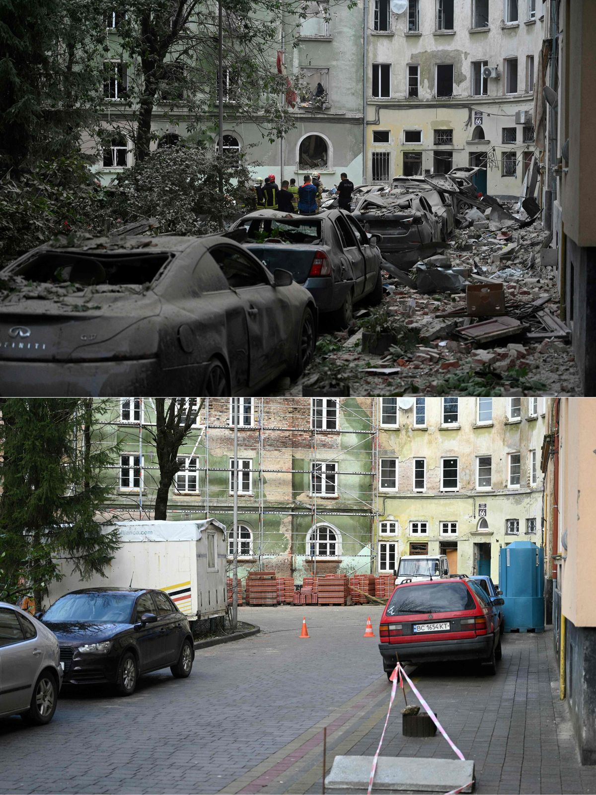 Augšā: glābēji pie Krievijas raķešu triecienā daļēji sapostītas ēkas Ļvivā 2023.gada 6.jūlijā. Lejā: ēkas atjaunošana 2024.gada 10.februārī.