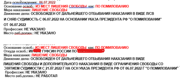 Скриншоты из базы данных МВД РФ о помилованных российских заключенных, которые были завербованы в наемники для участия в войне в Украине, февраль 2023 года.