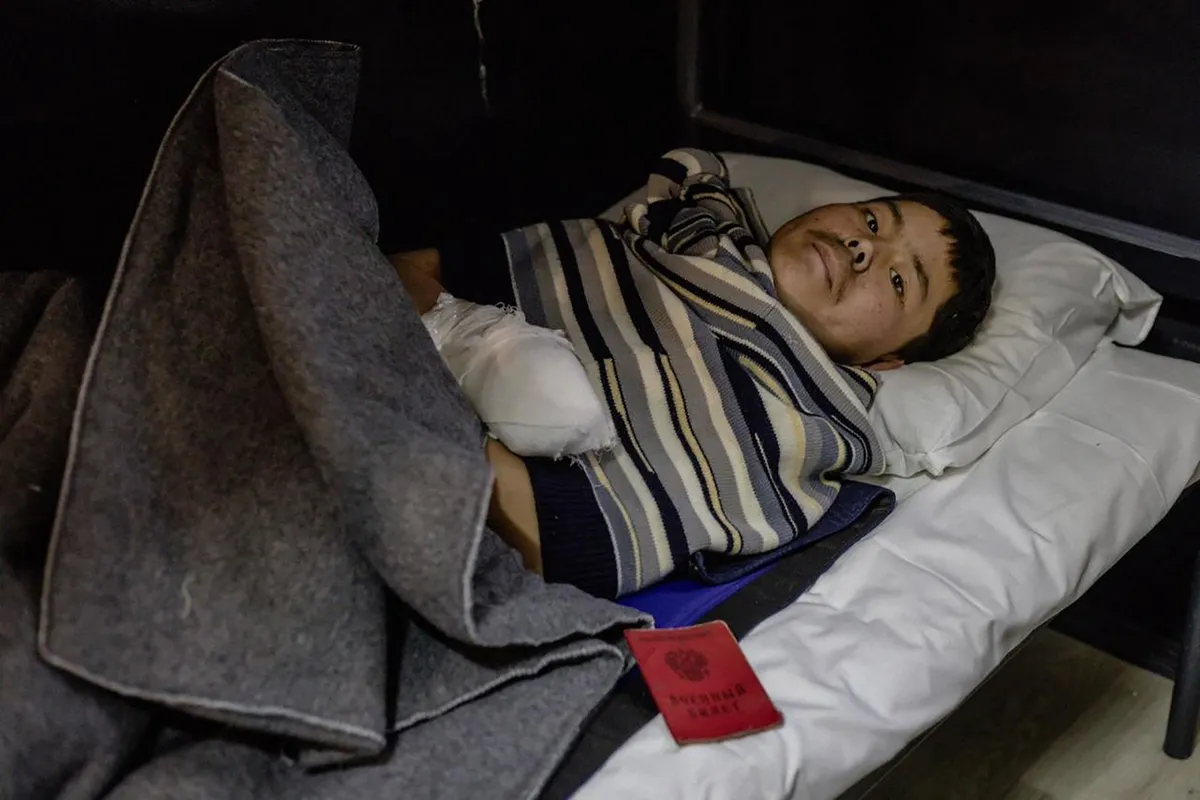 A photograph obtained from an Ukrainian Telegram account of shows North Korean detained soldier at an undisclosed location in Ukraine, following his capture by the Ukrainian army.