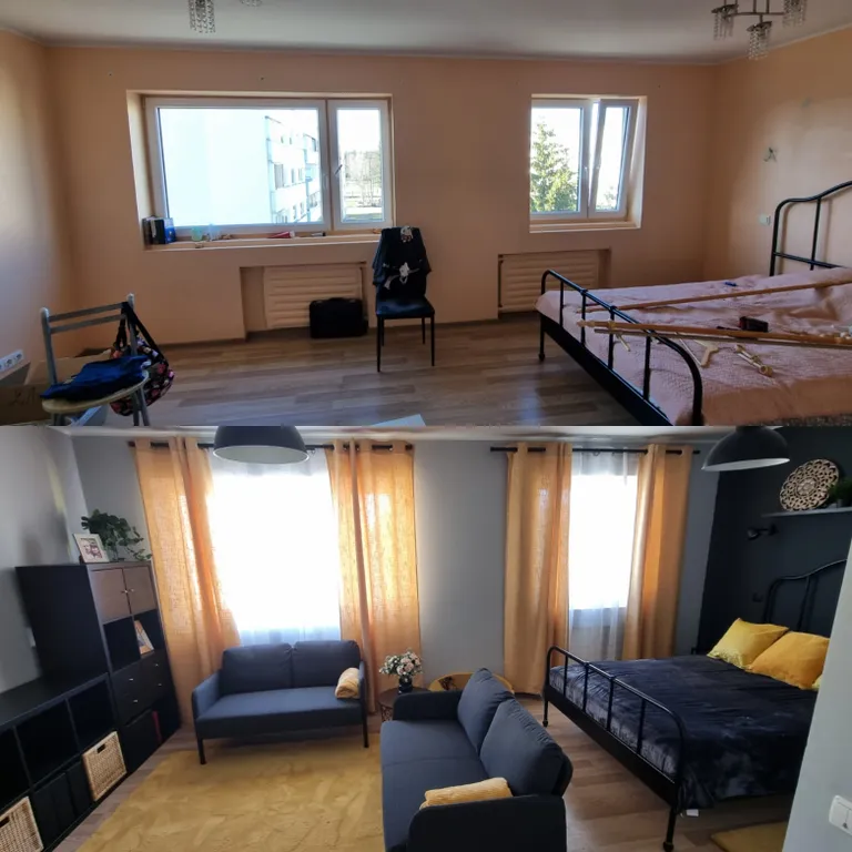 Elu- ja magamistuba sai uue värvikihi. Koduseks aitavad ruumi muuta uus mööbel ja dekoor. Näiteks on efektsed kardinad ostetud Pepco kauplusest ning korteris olevad vaibad Giganti mööblipoest.
