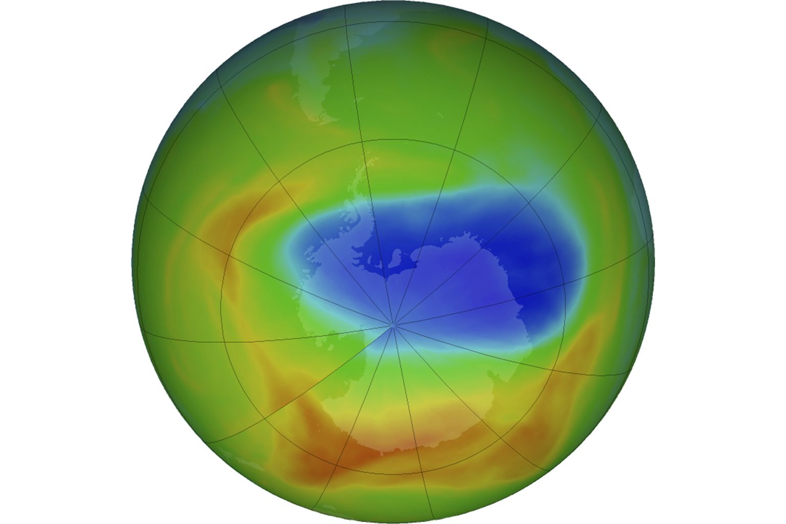 Изображение созданное NASA показывает озоновый слой над Антарктикой 20 октября 2019 года. Фиолетовые и синие цвета показывают зоны, где наблюдается наименьшее количество озона, то есть где слой тоньше всего, а желтые и красные цвета показывают, где он толще всего. Сейчас же ситуация кардинально изменилась.