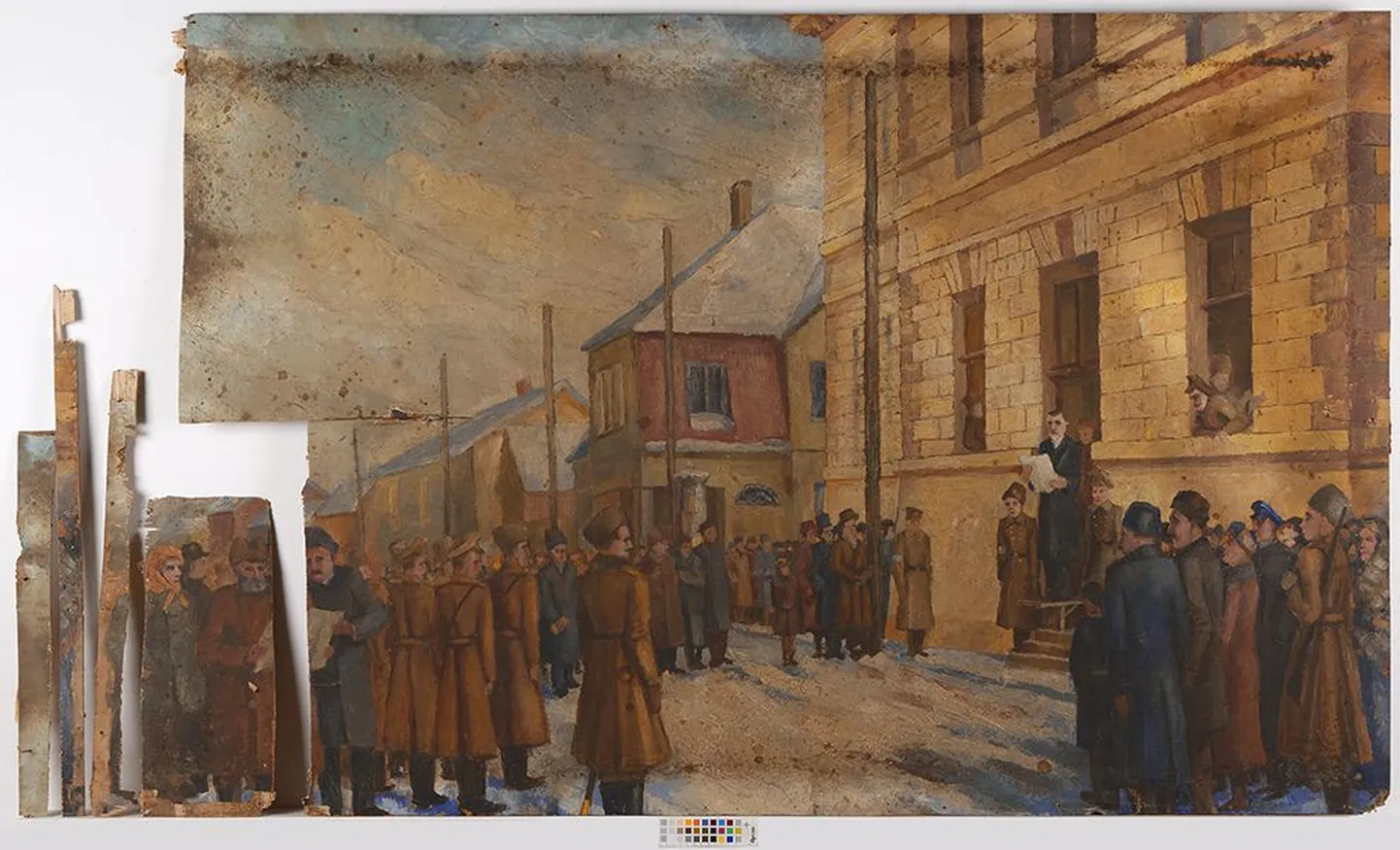 Maal enne taastamist. Maali autor Juhan Kangilaski joonistas omal ajal ka Sakalale karikatuure ning esines näitustel õlimaalide ja akvarellidega. 1937. aastal hakkas ta vabakutseliseks ja lõi kaasa kõikidel linna kunstiüritustel.