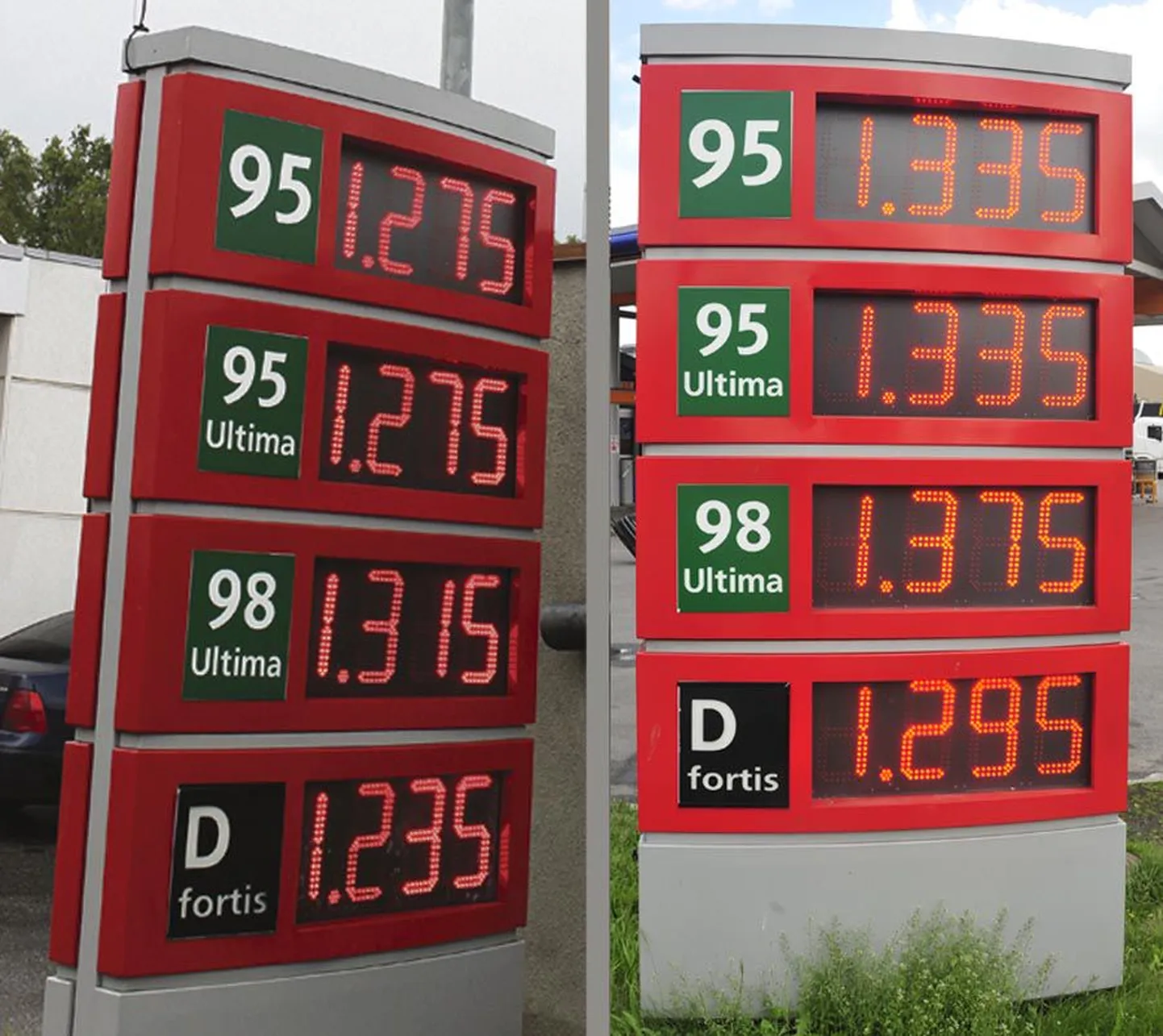 Kütuse hinnad pühapäeval Statoili tanklas Tallinnas Tammsaare teel (vasakul) ja Tartus Turu tänavas.
