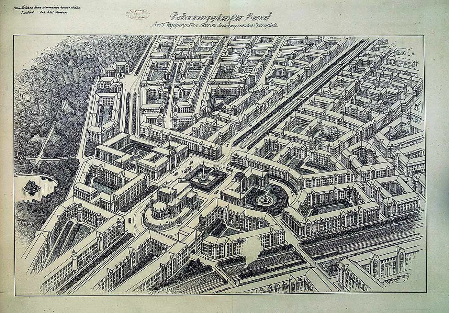 Suurlinn Tallinn, mida ei sündinud  fragment Eliel Saarineni 1913. aastal valminud Suur-Tallinna üldplaneeringust. Keskel Ooperi väljak.