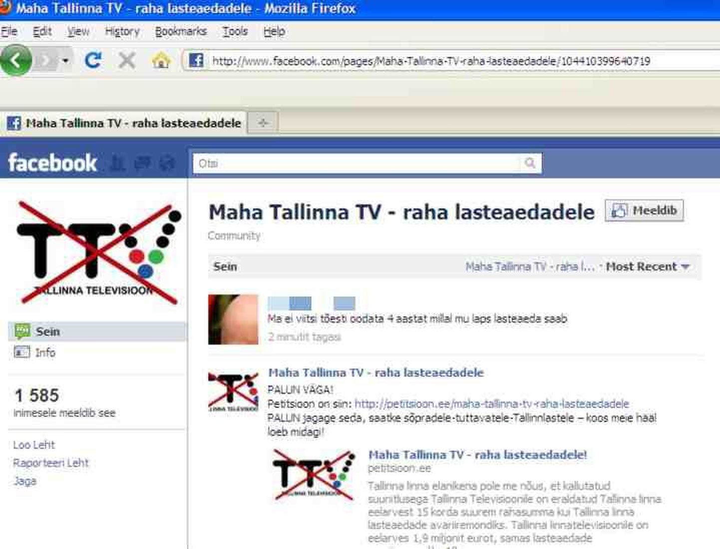 «Maha Tallinna TV - raha lasteaedadele» leht Facebookis.
