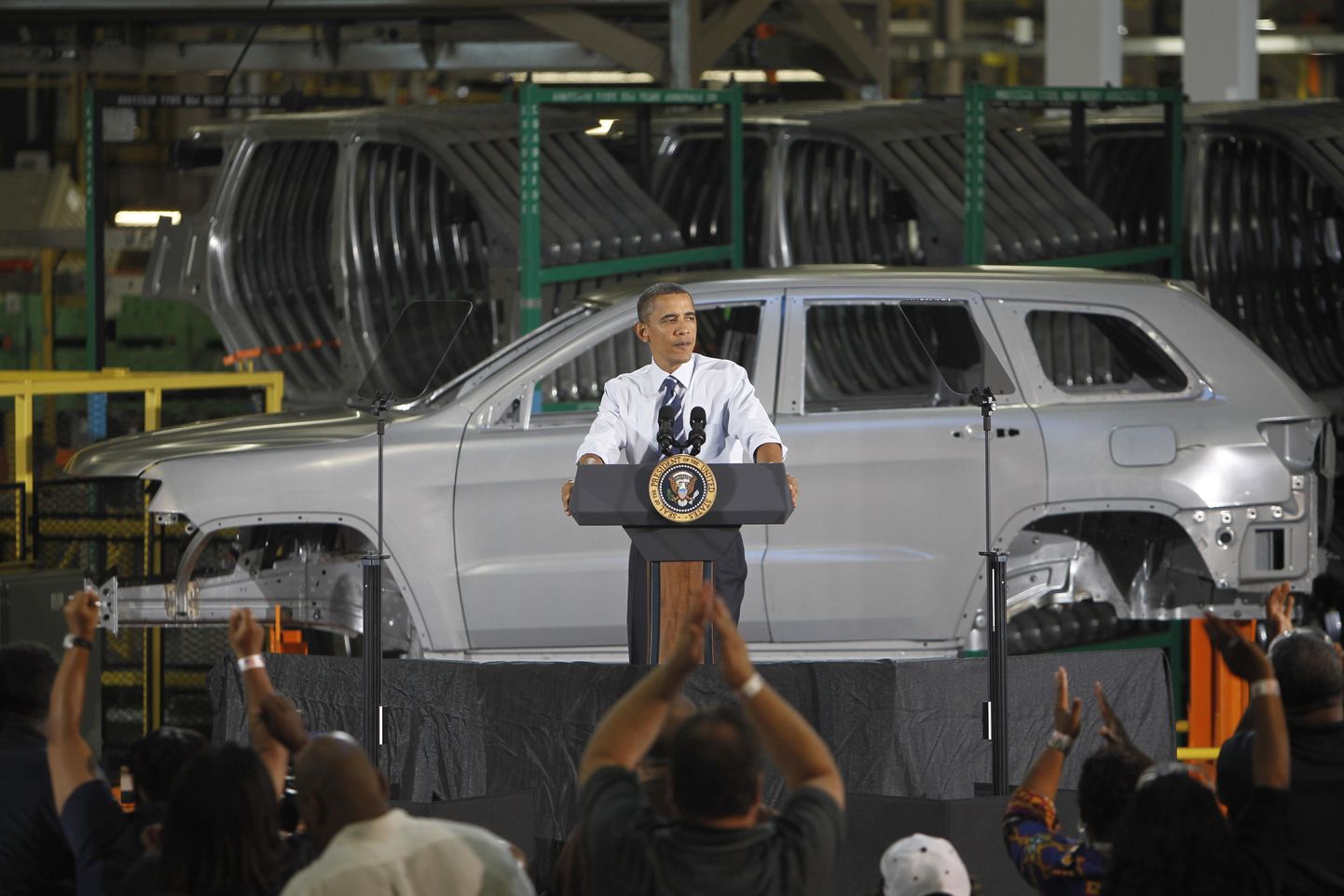 USA president Barack Obama 30.juulil Detroidis Chrysleri tehases kõnet pidamas.