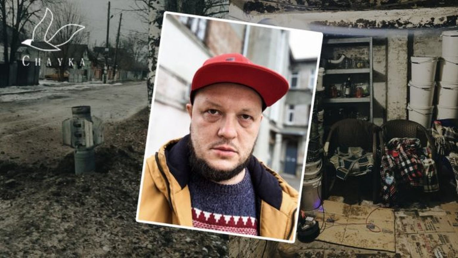 Александр Зозуля, житель Харьковской области. На фоне снаряд в частном секторе, где он живёт, а слева - бомбоубежище