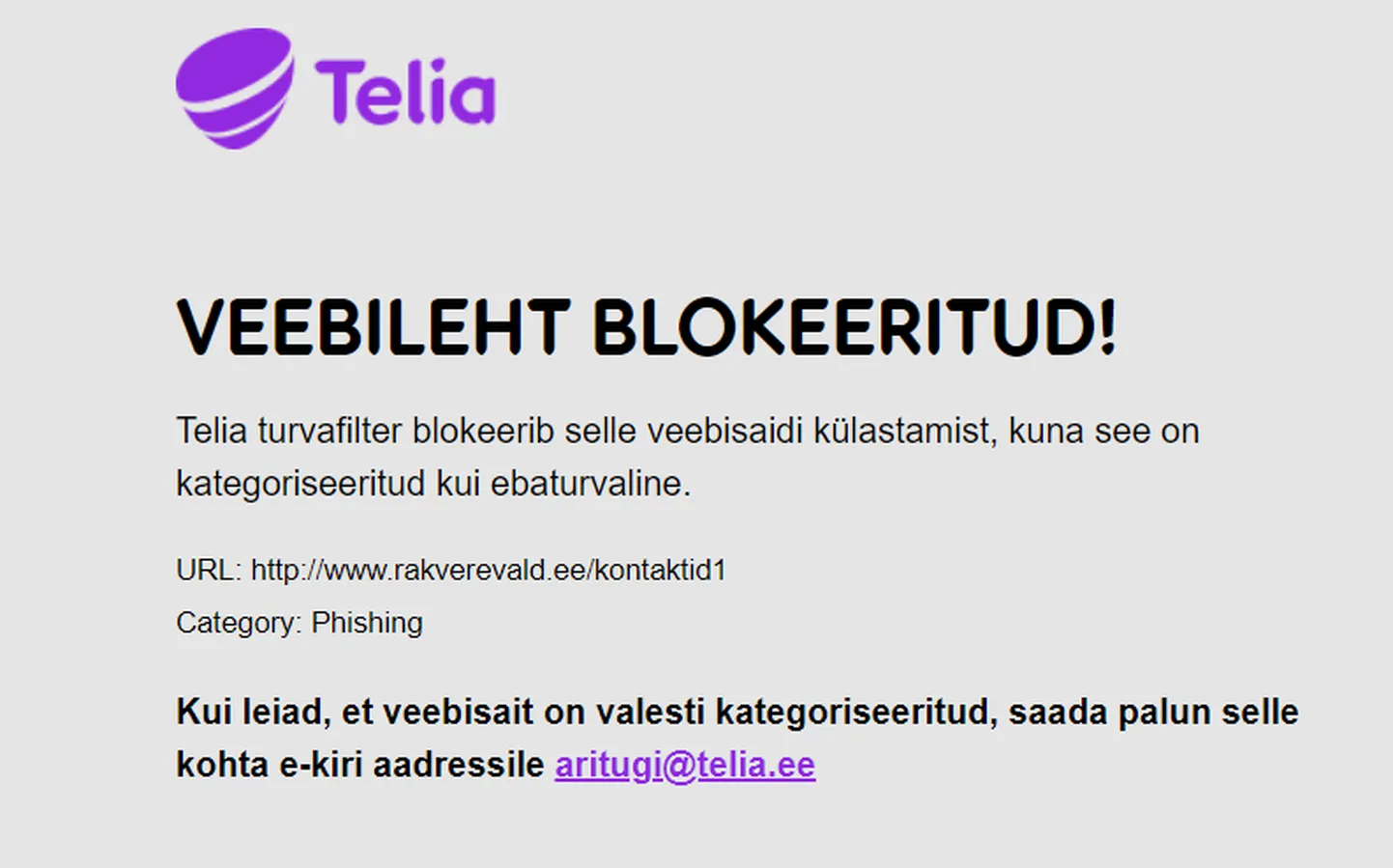 Telia teatab, et valla koduleht on blokeeritud, sest see pole turvaline.