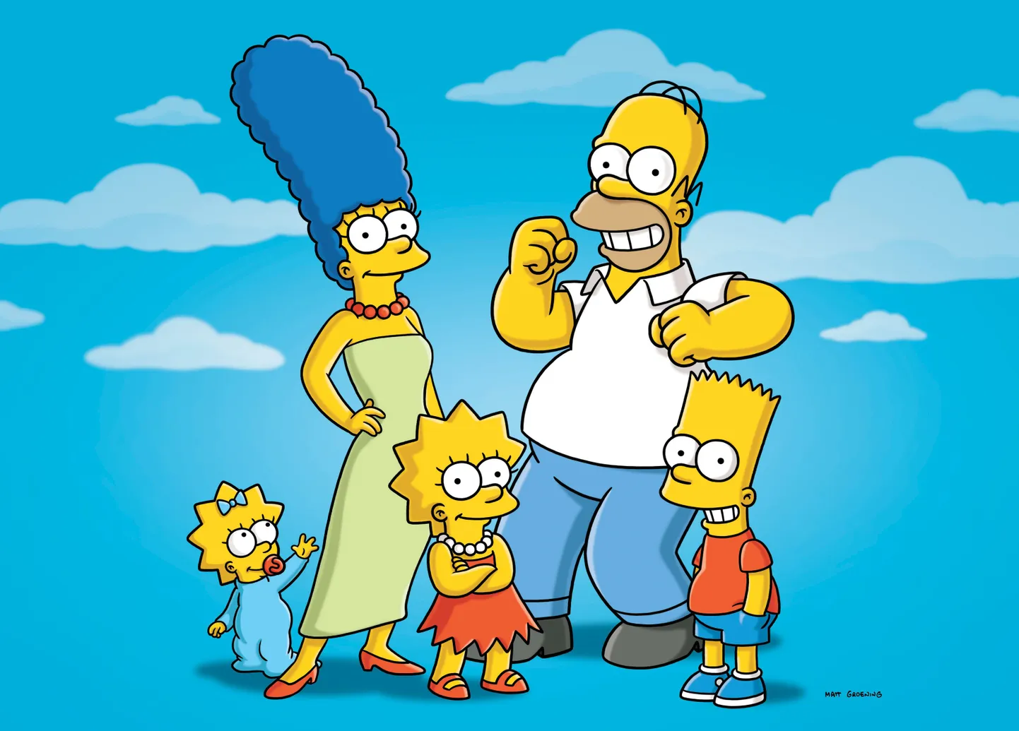 Animasarja «Simpsonid» peategelased - Maggie, Marge, Lisa, Homer ja Bart