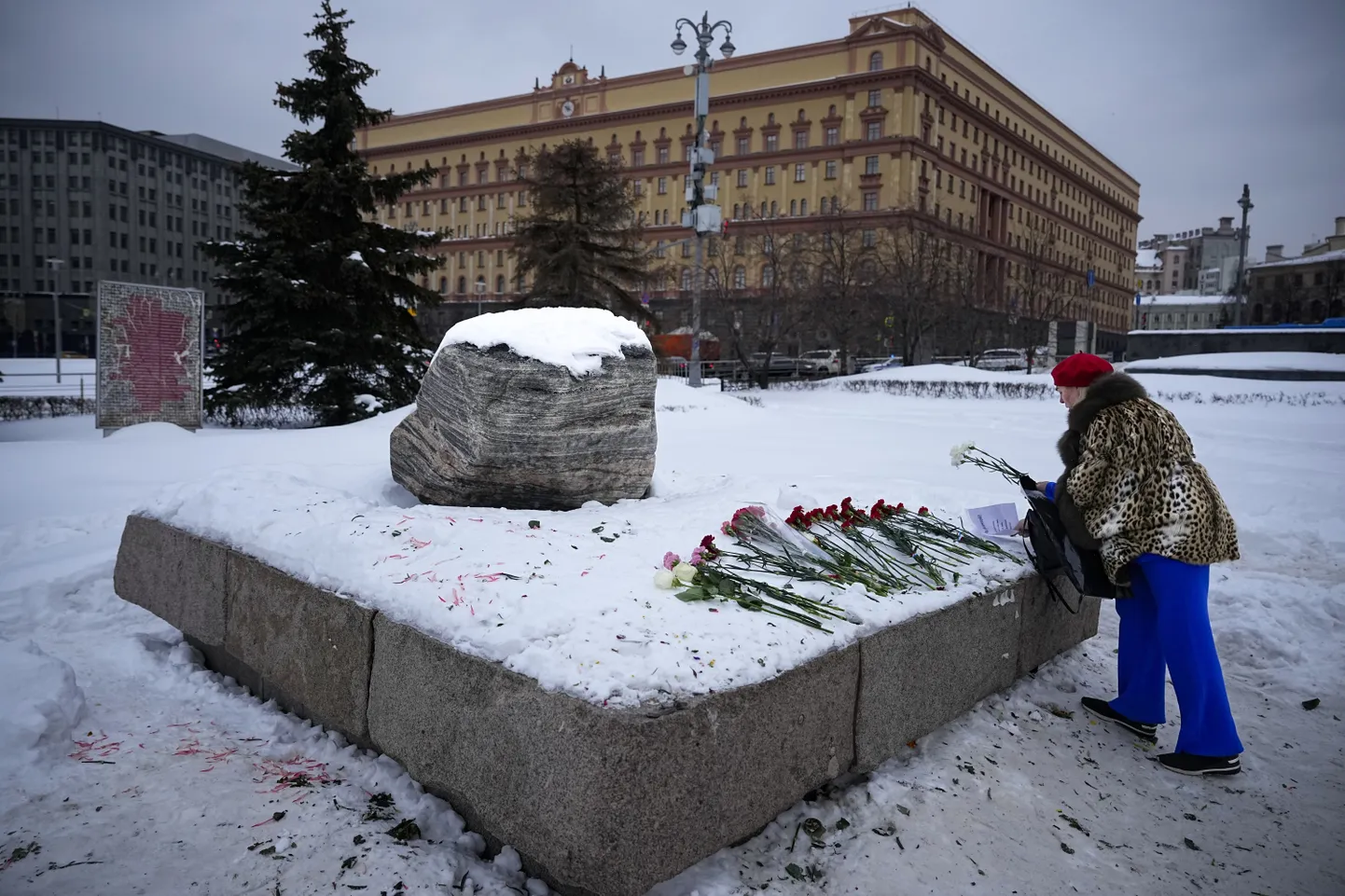 Цветы на Соловецком камне в память о Навальном