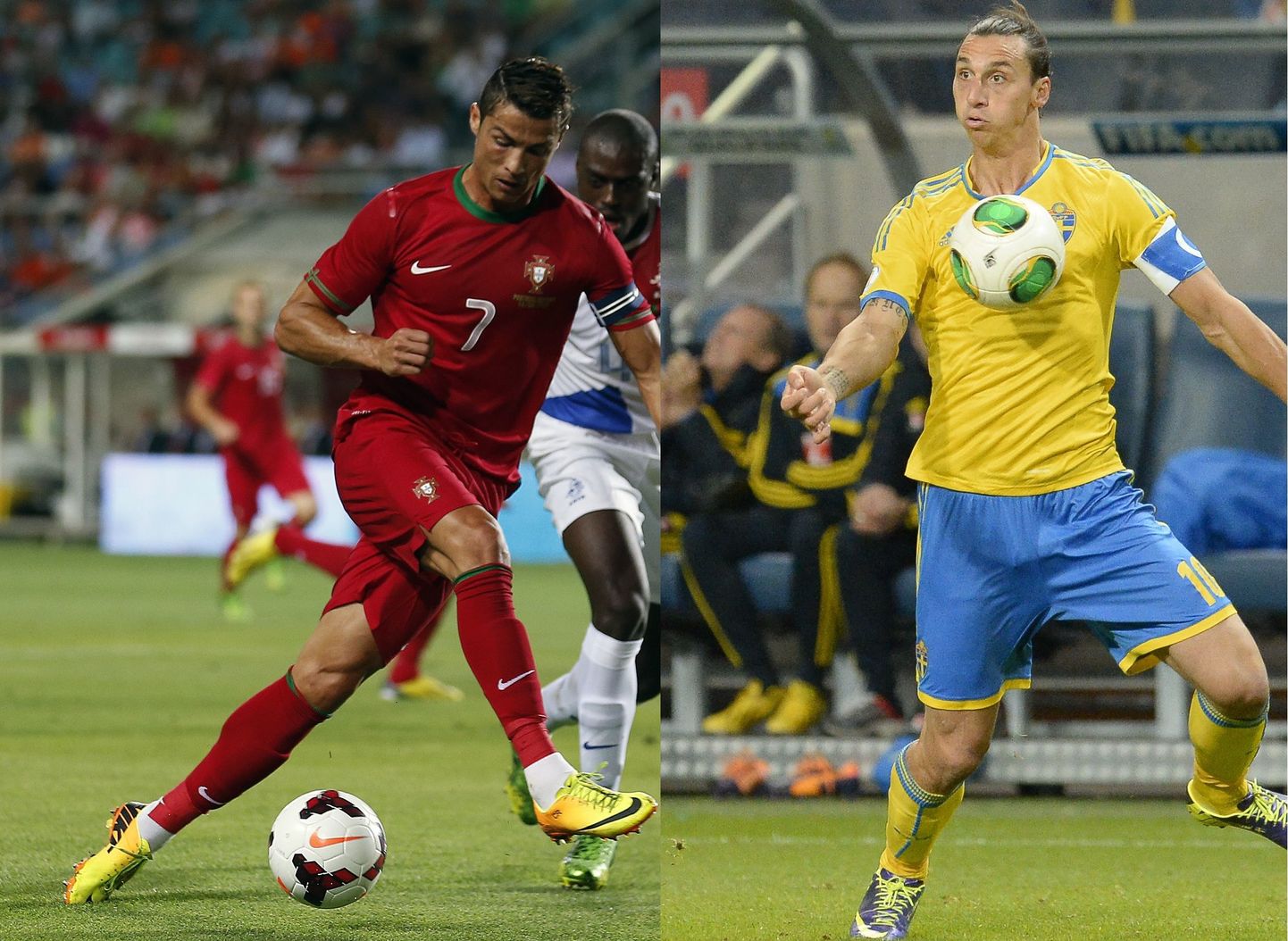 Большой интерес вызывает противостояние форварда португальцев Криштиану Роналду (слева)и нападающего сборной Швеции Златана Ибрагимовича.