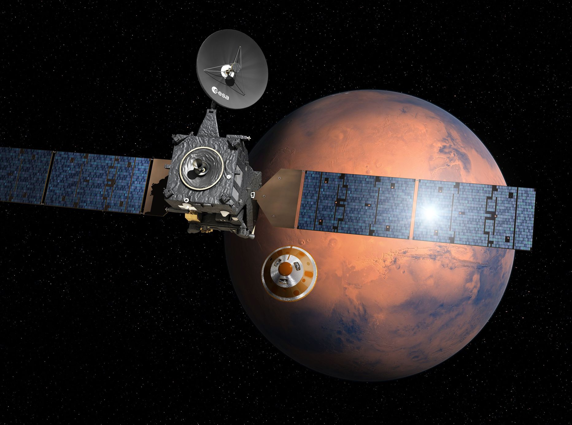 ESA kunstniku joonistus Schiaparelli maandrurist, mis on eemaldunud emalaevast Trace Gas Orbiterist ja suundub Marsi poole