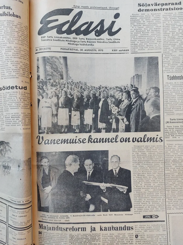 Osa ajalehe Edasi esiküljest 30. augustil 1970.