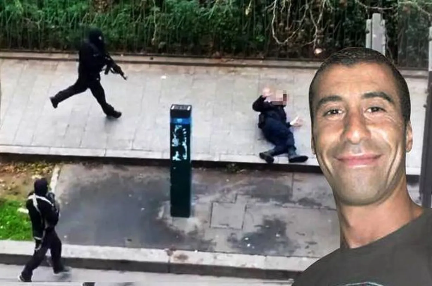 Ahmed Merabet ja kaader amatöörvideost, millel on näha Merabeti tänaval lamamas ümbritsetuna maskides kurjategijatest