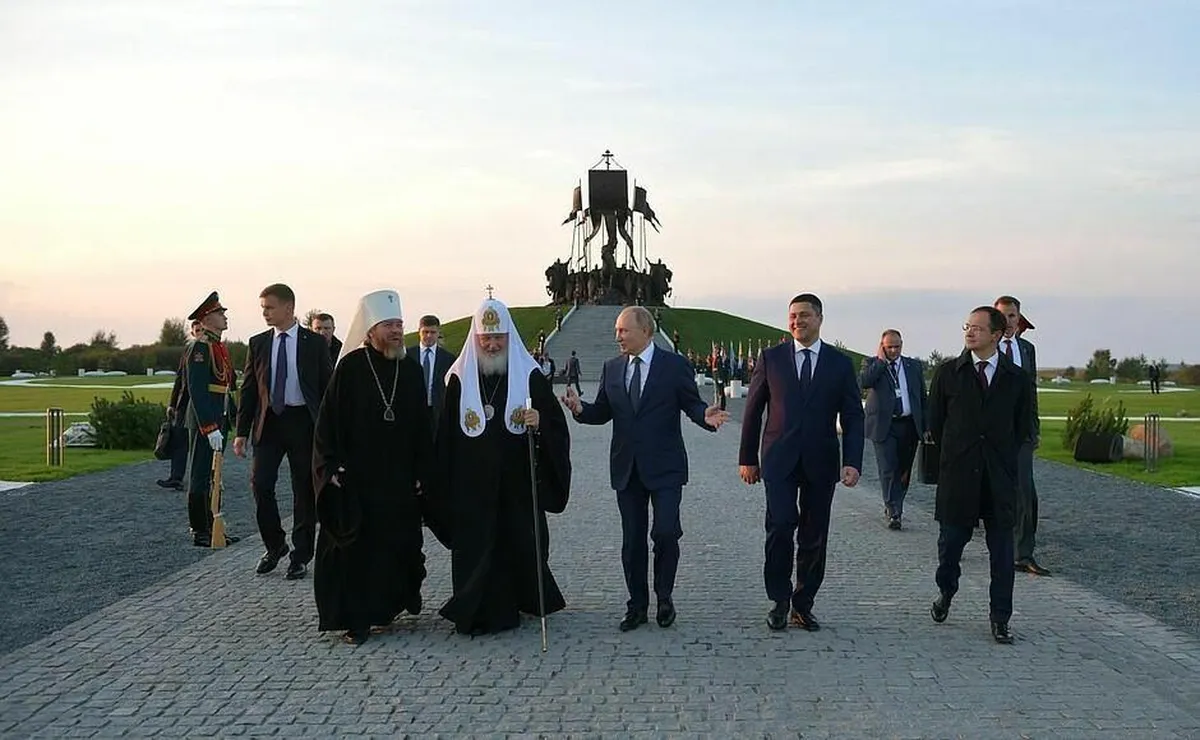 Russian President Vladimir Putin, together with Patriarch Kirill, after the unveiling of a memorial dedicated to Alexander Nevsky and the 1242 Battle on the Ice, near Lake Peipus (a border lake shared by Russia and Estonia) in Samolva (Samblaküla) on September 11, 2021.