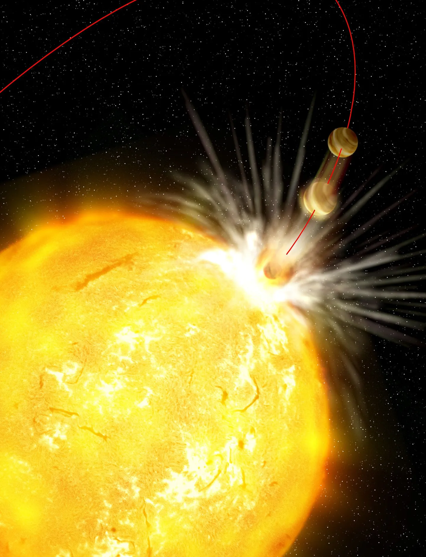 Kunstniku kujutis. HIP68468, meie Päikese kaksik, mille pinnalt avastatud liitium ja muud elemendid viitavad, et ta on oma ajaloos ära "söönud" vähemalt ühe enda ümber tiirlenud planeedi.