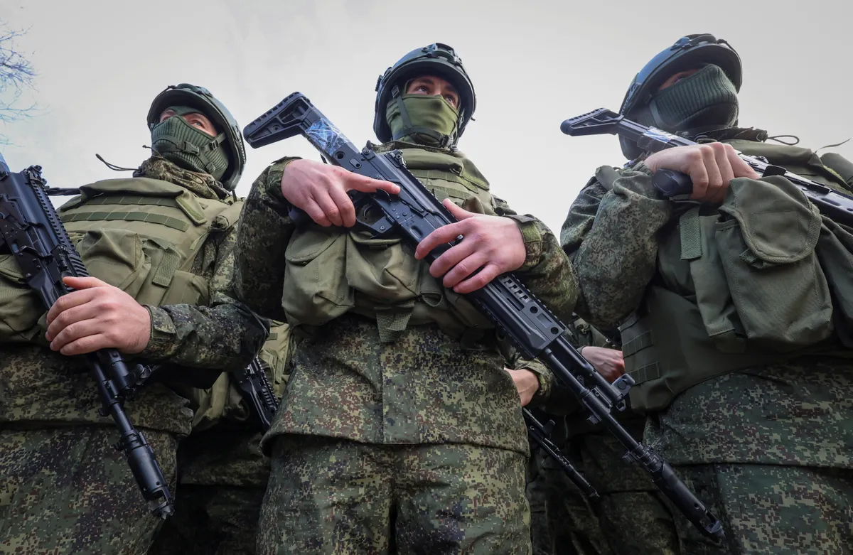Russian soldiers in Yevpatoria, Crimea, on February 22, 2024.
