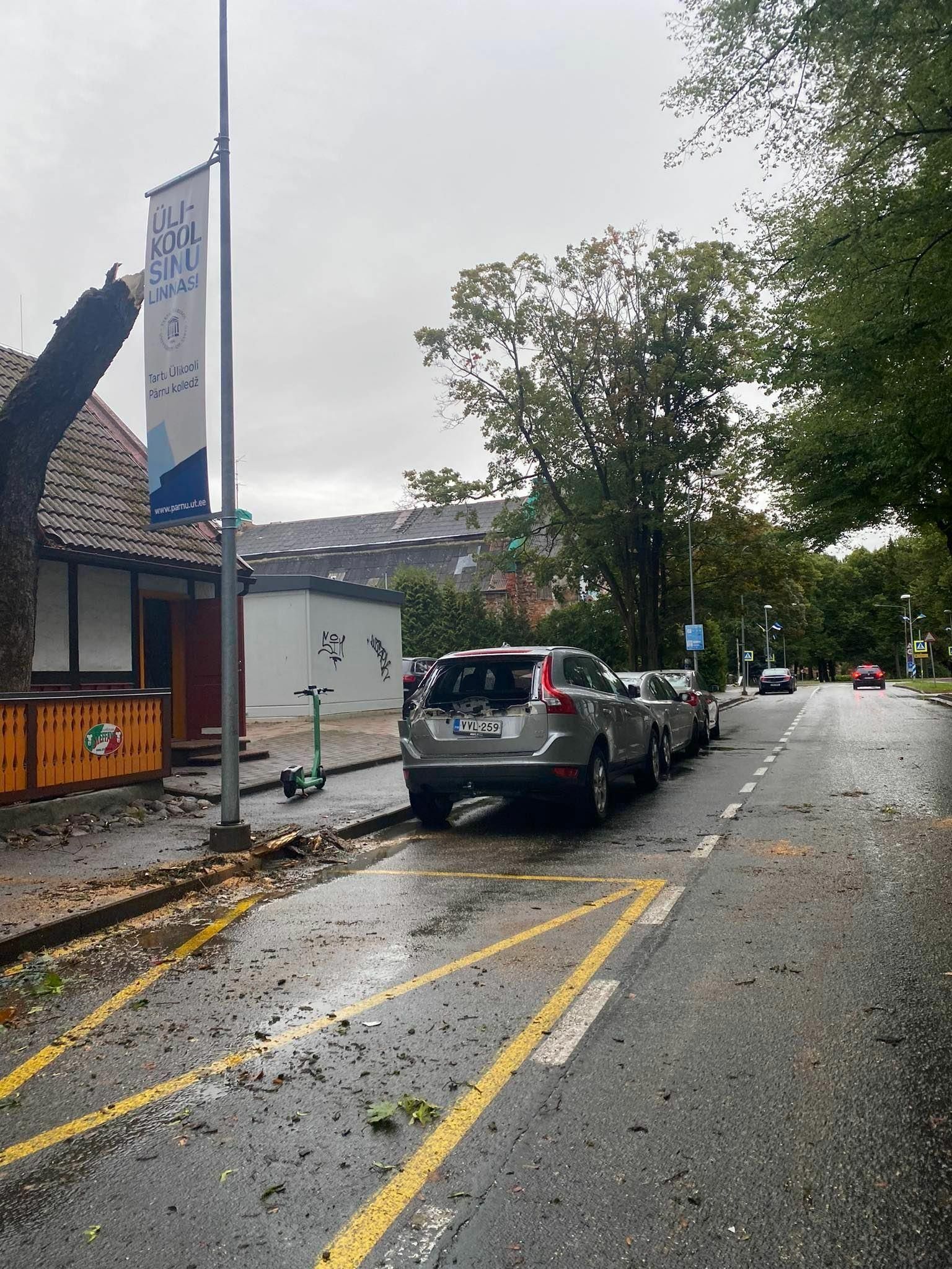 Lõuna tänaval parkinud Soome registrimärgiga Volvo linnamaastur jäi kukkuva puu alla ja sai viga.