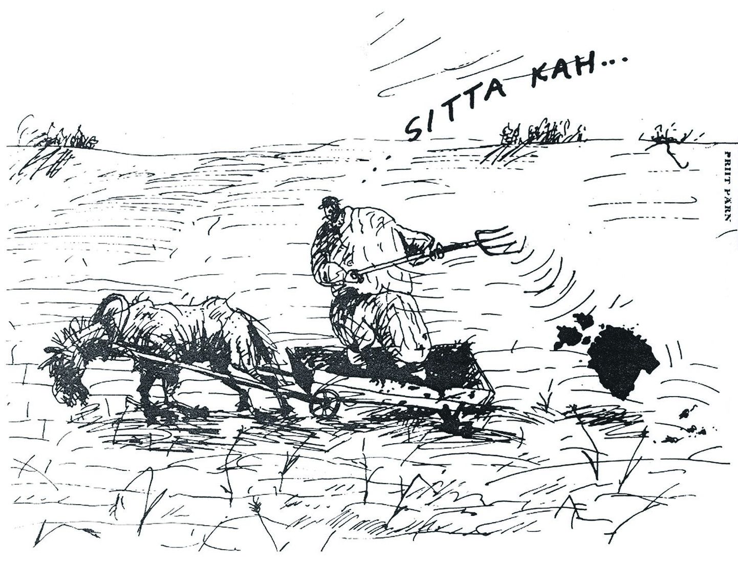 Priit Pärna karikatuur «Sitta kah!», mis ilmus 1987. aasta 8. mail kultuurilehes Sirp ja Vasar.