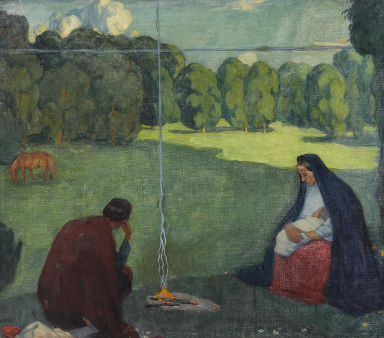 Kristjan Raud "Puhkus rännakul (Egiptuse teel. Rist. Risti all)". 1905. Tempera, lõuend. Eesti Kunstimuuseum.