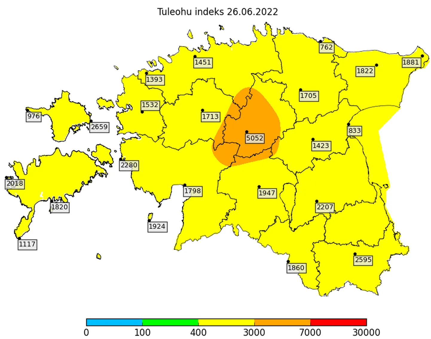 Keskkonnaagentuuri kodulehel avaldatud tuleohukaardil oranžiga tähistatud aladel on neljanda klassi ohuhoiatus, mis tähendab, et tuleoht on suur. Kollase värviga piirkondades on tuleoht keskmine.