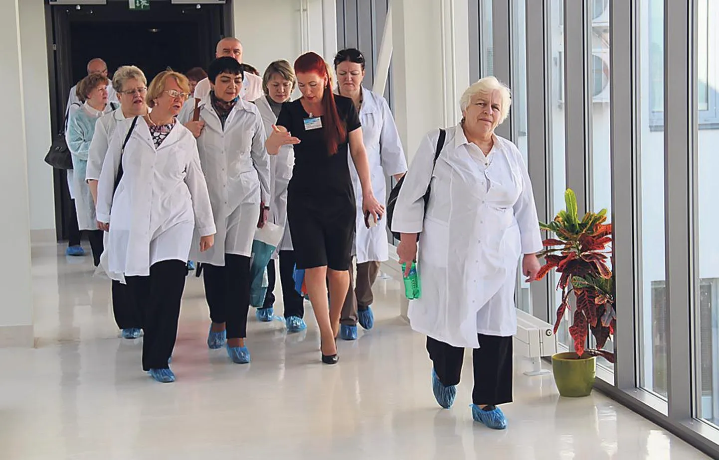 Pärnu haiglas näidati Vene tohtritele mitmeid kliinikuid ja osakondi, pildil tutvustab külalistele maja haigla sisehaiguste kliiniku juhiabi Ülle Mitt (mustas kleidis).