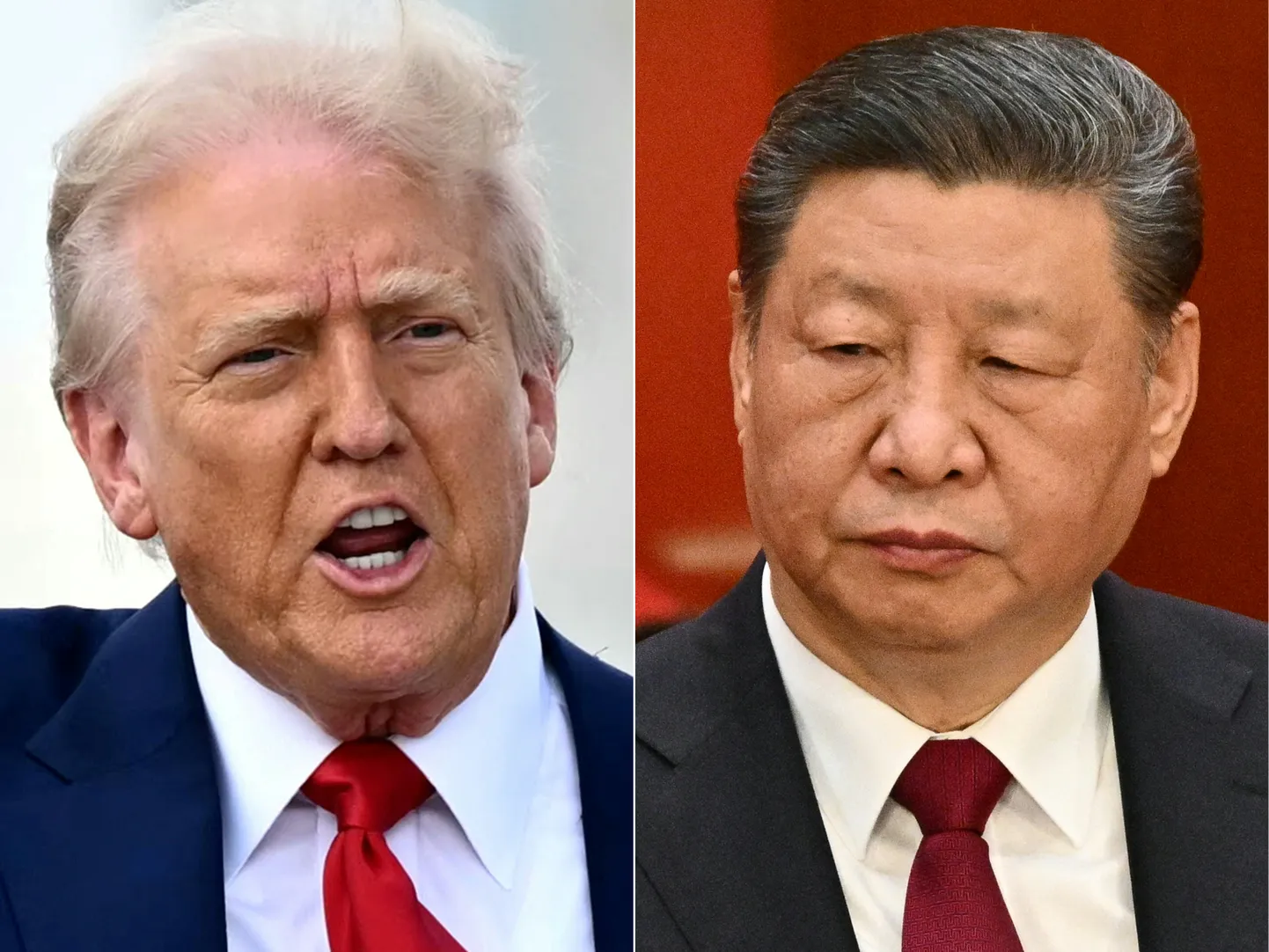 Kollaaž: Trump Miamis (03.04.2025) ja Xi Pekingis (05.03.2025). Trump kritiseeris Hiina tariife, öeldes, et need ulatuvad 67 protsendini (valuutamanipulatsioon arvesse võetud). Ta väitis, et Xi mõistab vajadust tariifide järele, nagu Trumpi Hiina terase tariifid tema esimesel ametiajal.