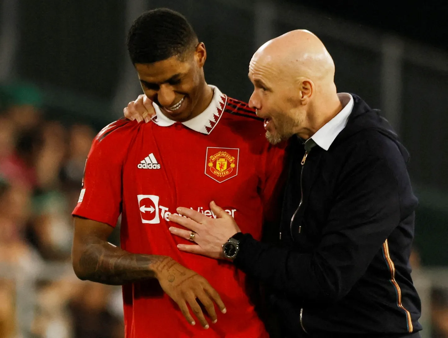 Unitedi tähtmängija Marcus Rashford ja peatreener Erik ten Hag.