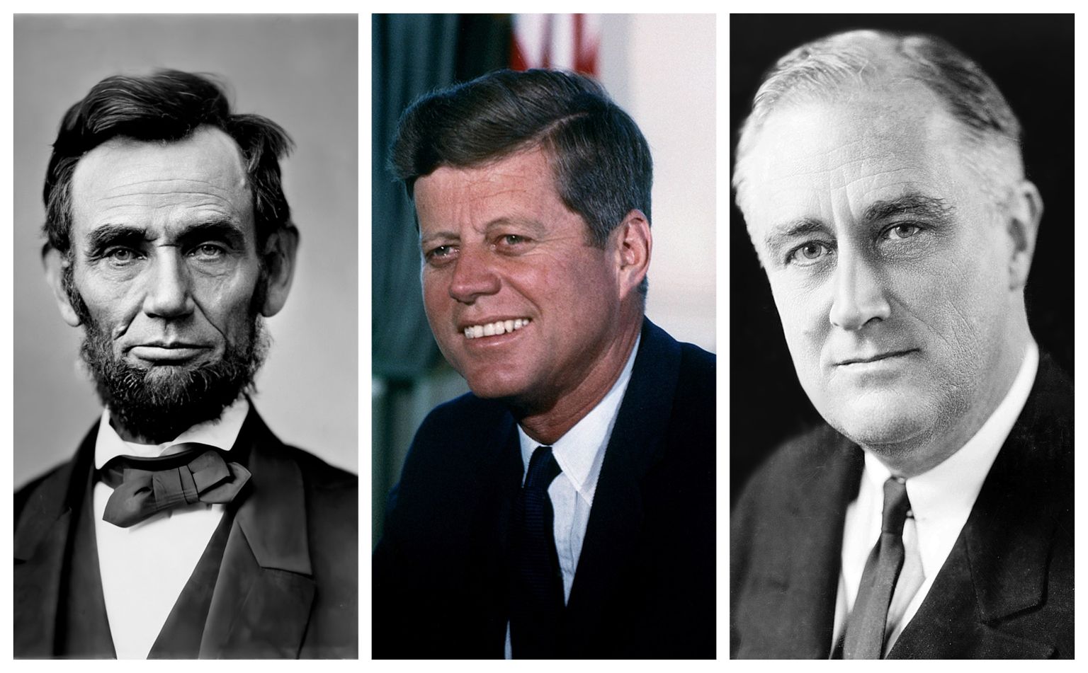 Vasakult: Abraham Lincoln, John F. Kennedy, Franklin D. Roosevelt