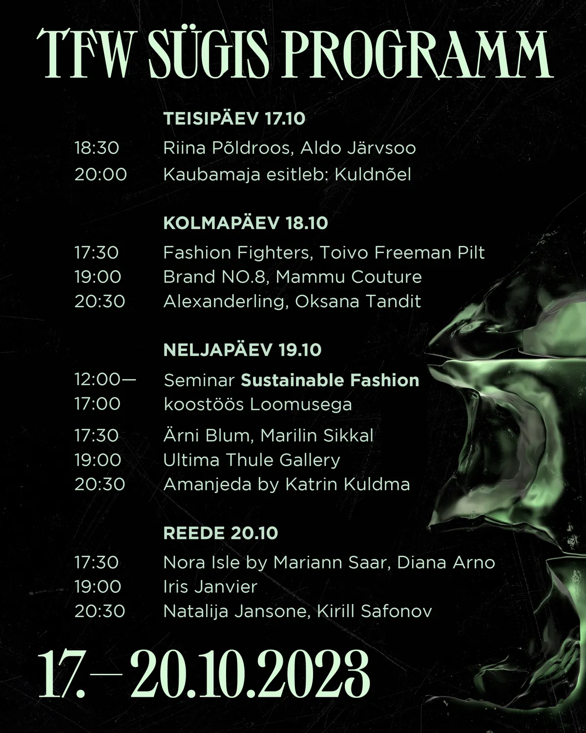 Tallinn Fashion Week 2023 sügis. Amanjeda by Katrin Kuldma moeetendust saab näha moepäeva lõpetava finaaletendusena neljapäeval, 19.oktoobril, kell: 20.30