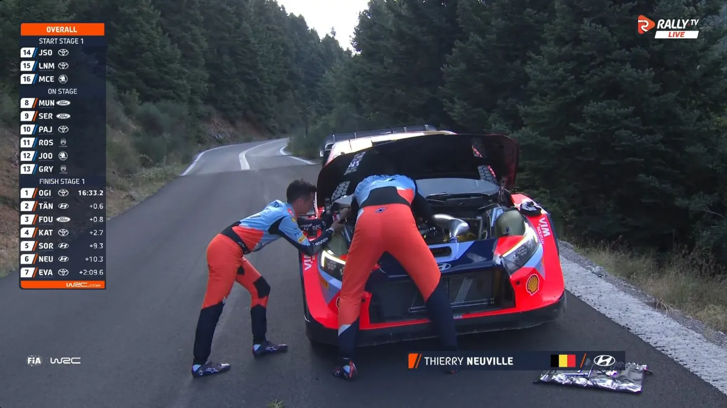 Thierry Neuville ja tema kaardilugeja Martijn Wydaeghe auto kallal nokitsemas.