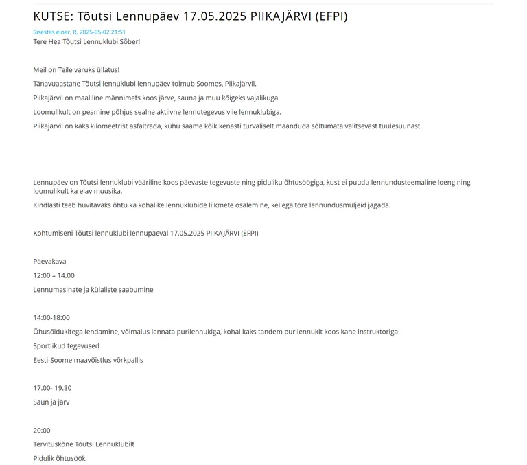 KUTSE: Tõutsi Lennupäev 17.05.2025 PIIKAJÄRVI (EFPI).