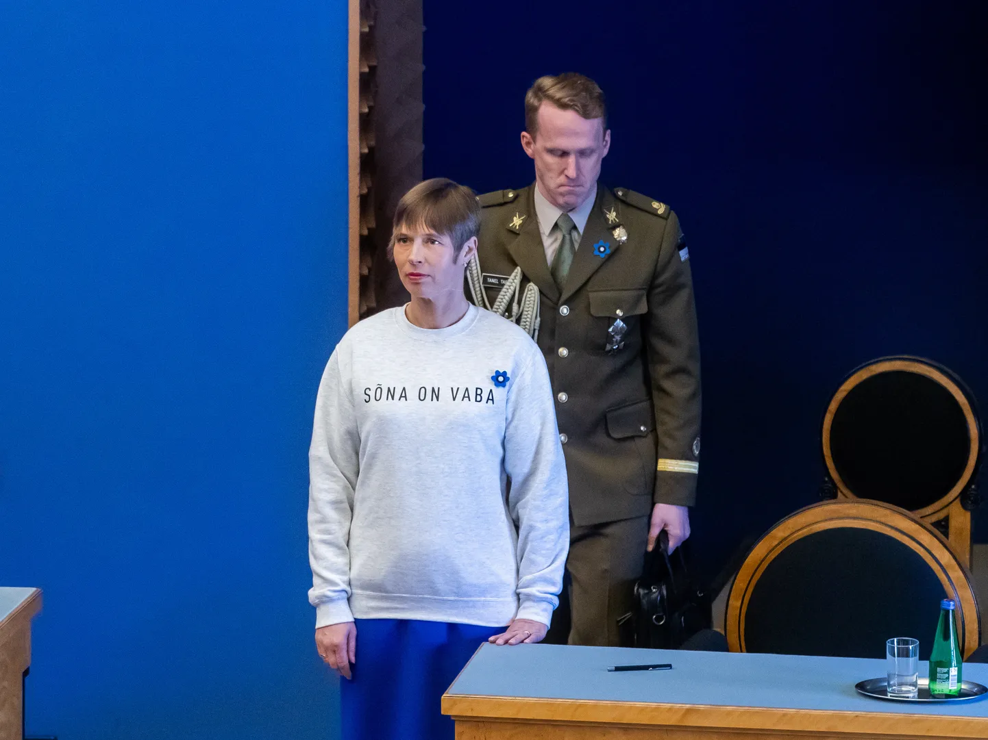 President Kersti Kaljulaid lahkus 2019. aasta kevadel riigikogu saallist, kui väliskaubandus- ja IT-minister Marti Kuusik ametivande andis.