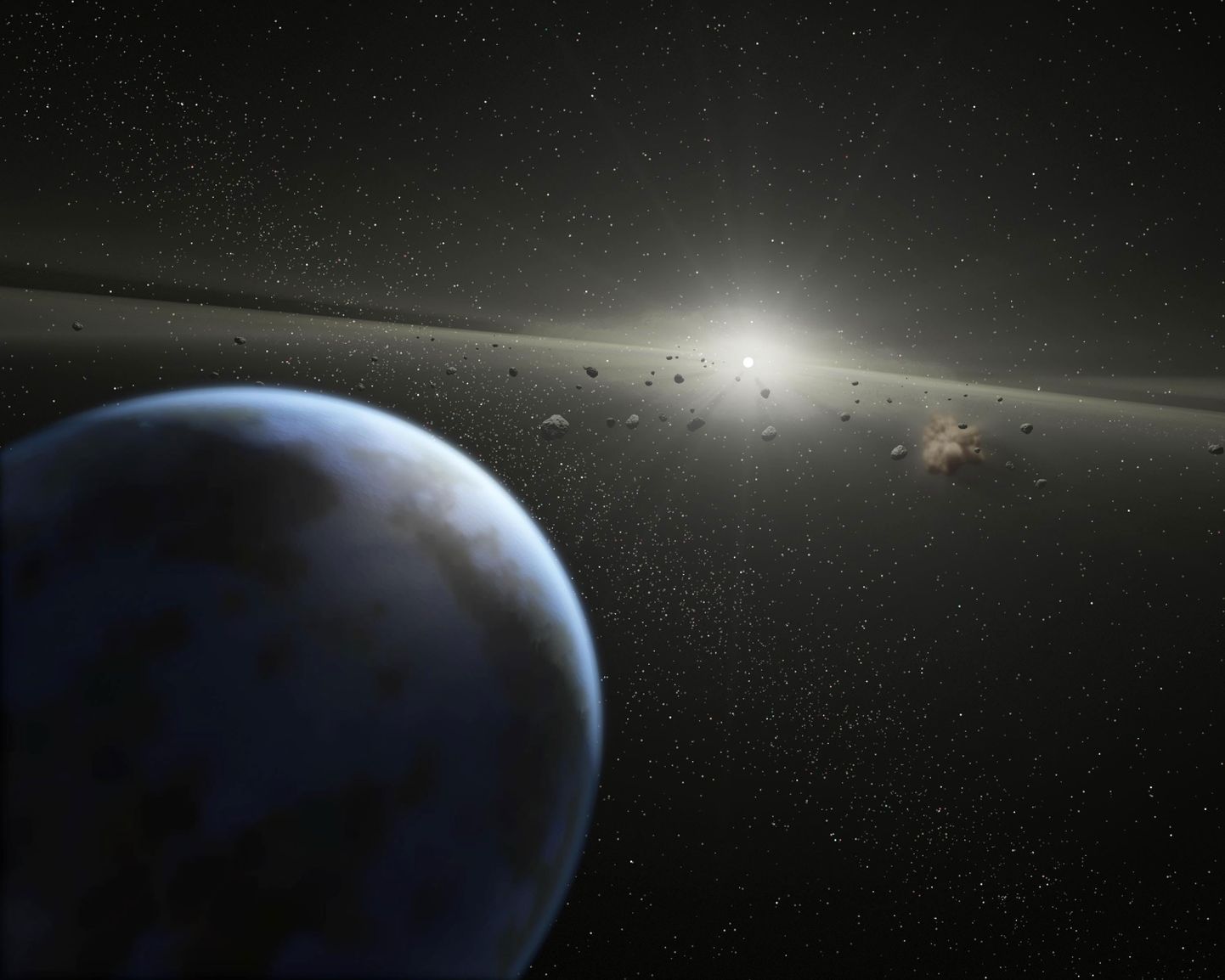 NASA kunstniku arvutijoonistus Maast ja asteroididest