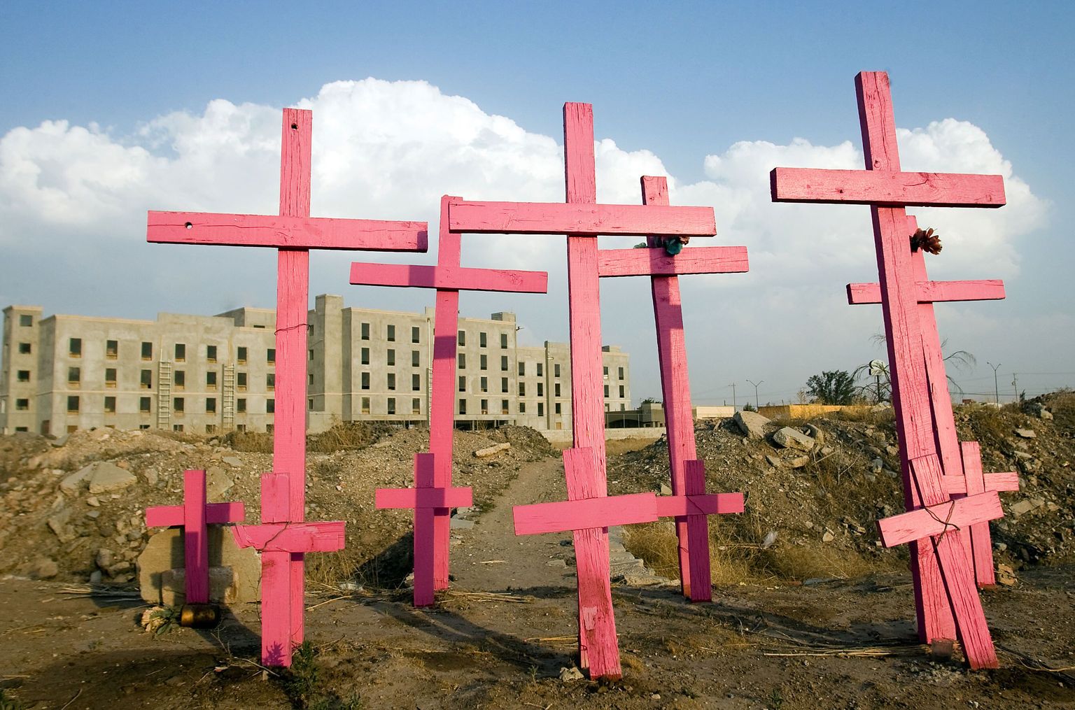 Puidust roosad ristid kohas, kus 2001. aastal leiti kaheksa tapetud naist, Ciudad Juarez