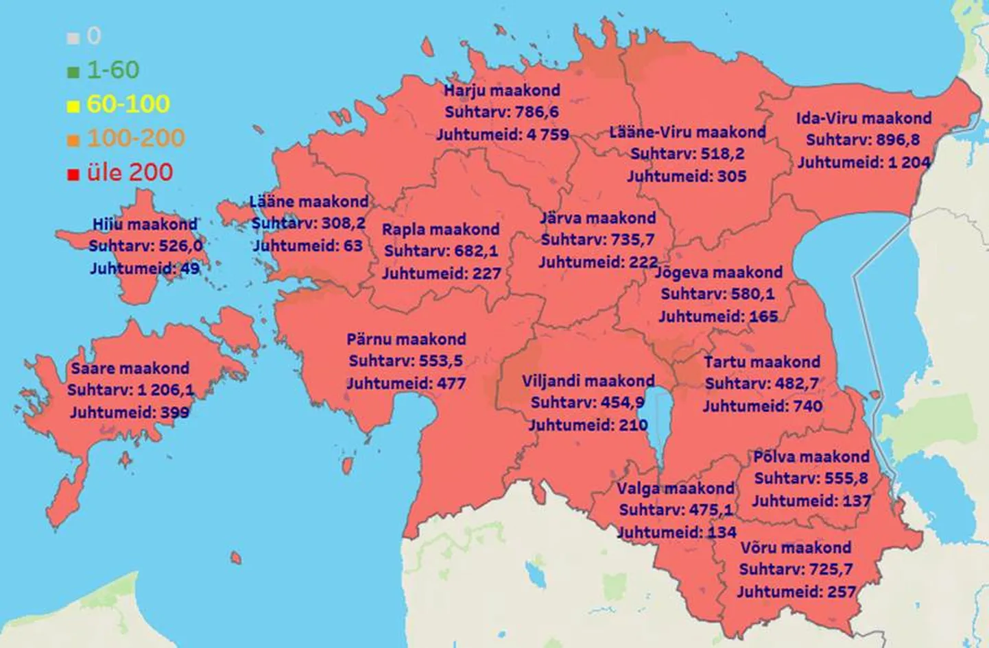 Kinnitatud haigusjuhtude jaotus maakonniti 20. veebruari seisuga.