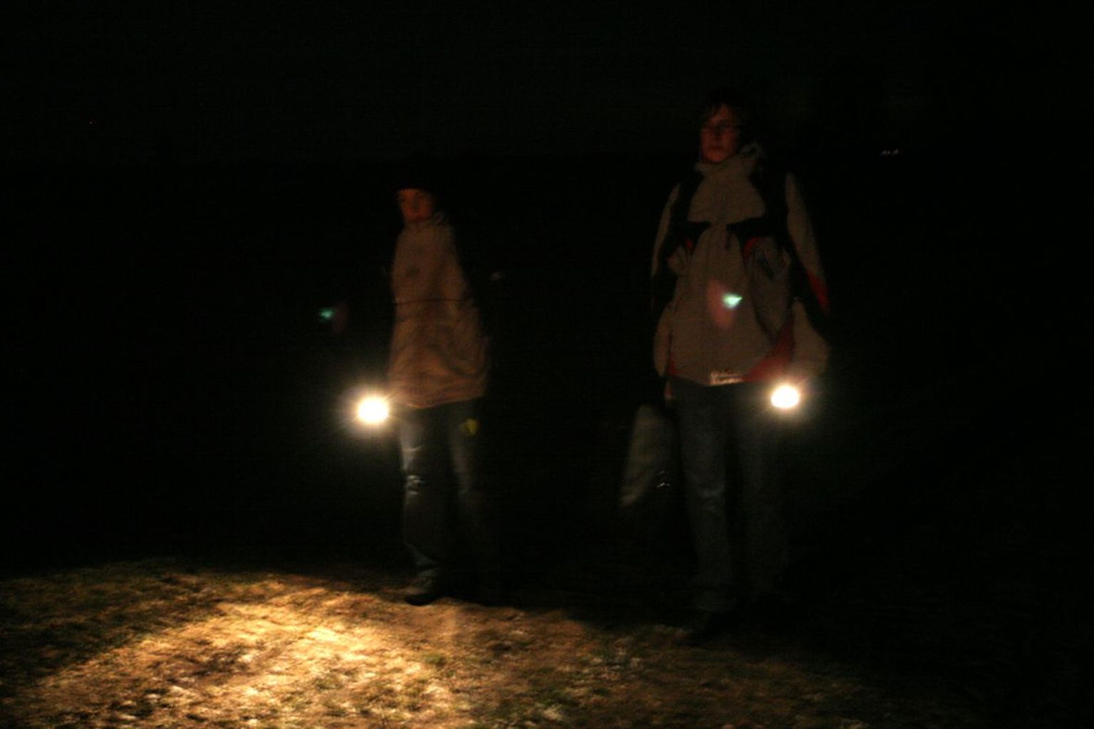 Vennad Mattias (vasakul) ja Indrek Mihkelson näitavad koolist koju jalutades endale teed taskulambiga, mis on lisaks helkurile hea vahend, et ennast autojuhile nähtavaks teha.