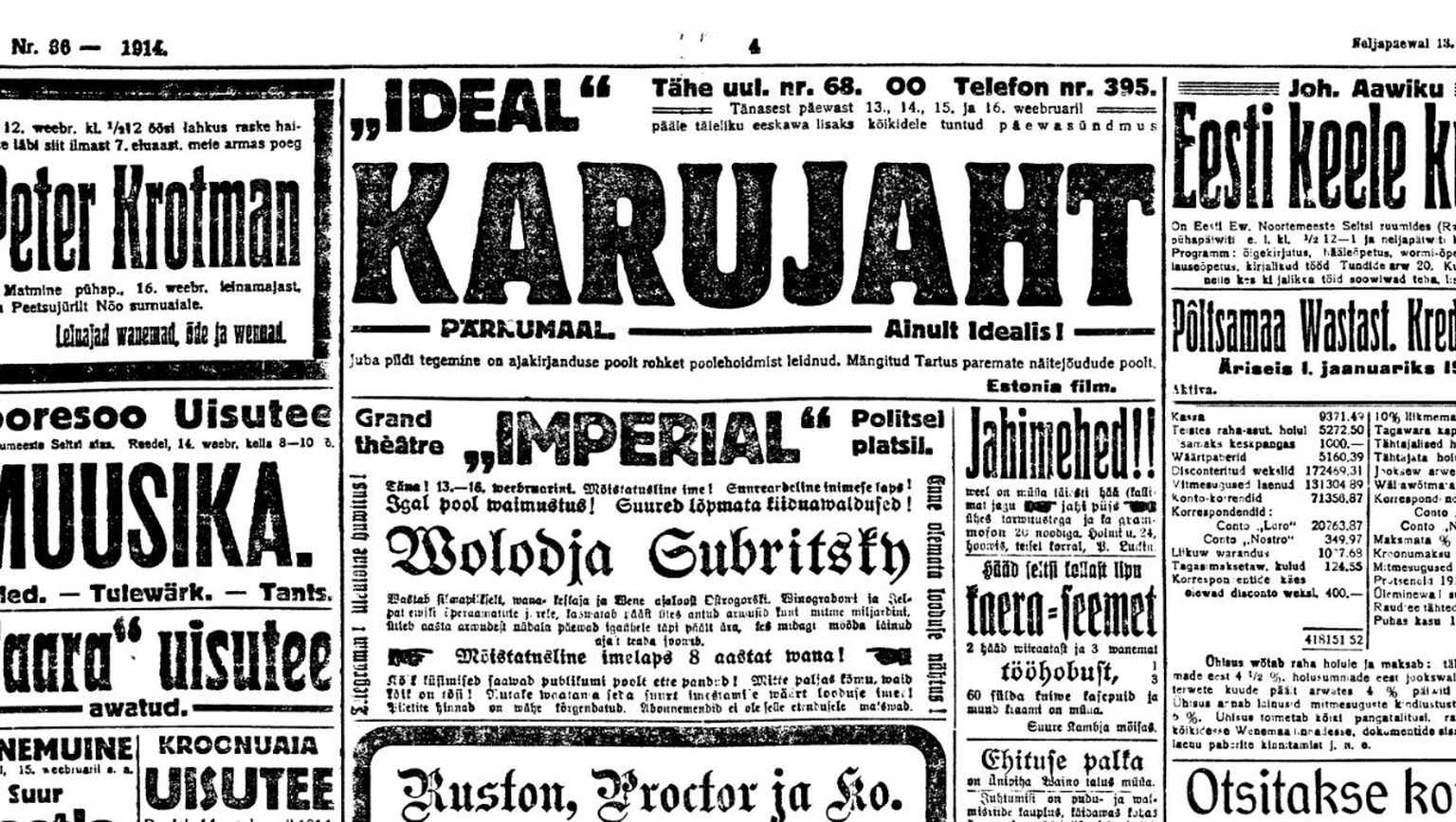 Filmi reklaam Postimehes 13. veebruaril 1914.