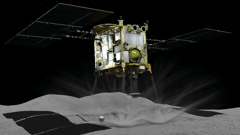 Arvutijoonistus, millel on näha Jaapani uurimisaparaati Hayabusa 2 asteroidile maandumas