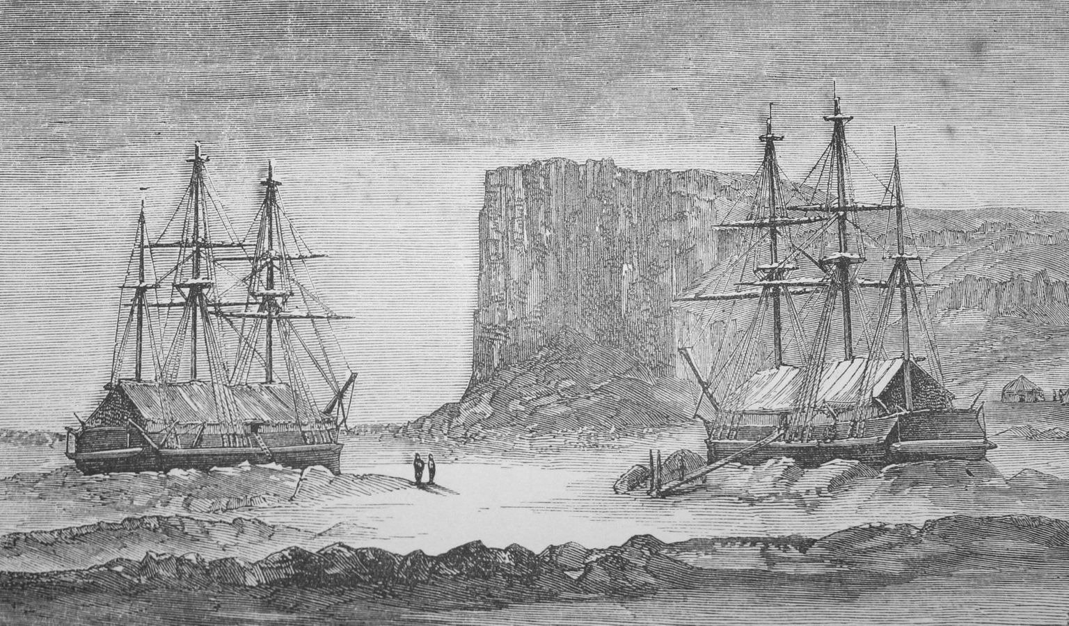 19. sajandi lõpu maal, millel on kujtatud John Franklini Loodeväila ekspeditsiooni kahte laeva HMS Erebust ja HMS Terrorit Kanada vetes