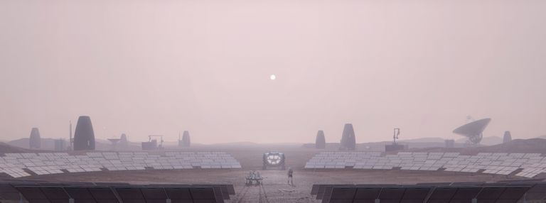 NASA arvutijoonistus, milline võib tulevikus Marsi koloonia välja näha. Pildil on näha munakujulisi hooneid ja päikesepaneele