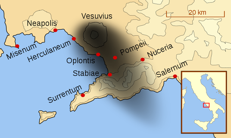 Kaart, millel on kujutatud 79. aasta pKr Vesuuvi vulkaani tuha alla jäänud Pompeid ja Herculaneumi ning teisi lähedal asunud linnu