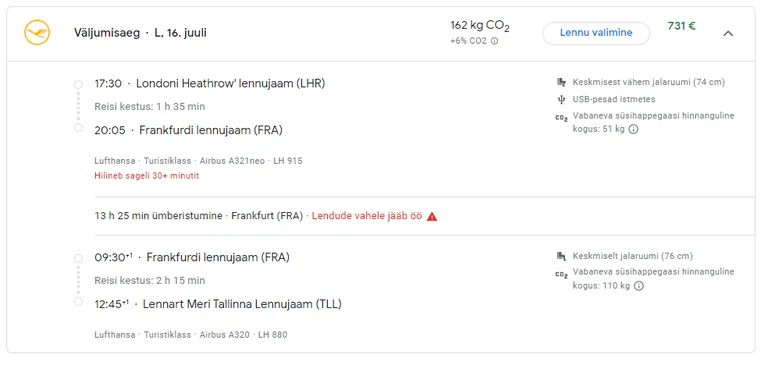 Odavaim lennupilet London Heathrow'st Tallinna ei ole 16. juulil just väga odav.