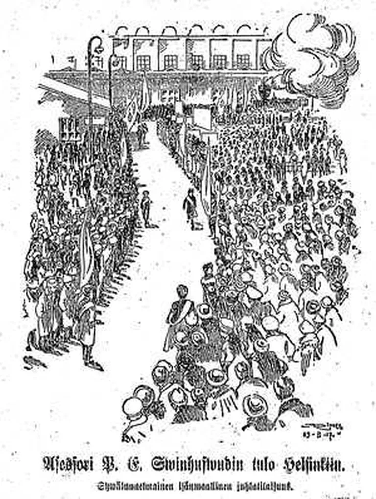 Helsingin Sanomat avaldas 30. märtsil 1917 sellise joonistuse, millel kujutatud Svinhufvudi naasmist. Teel Helsingi raudteejaamast hotelli /  joonistus aastast 1917