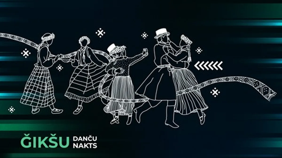 Tikai viens afišas stūris – dejotāji naktī starp zvaigznēm izdejo tēva jostu.