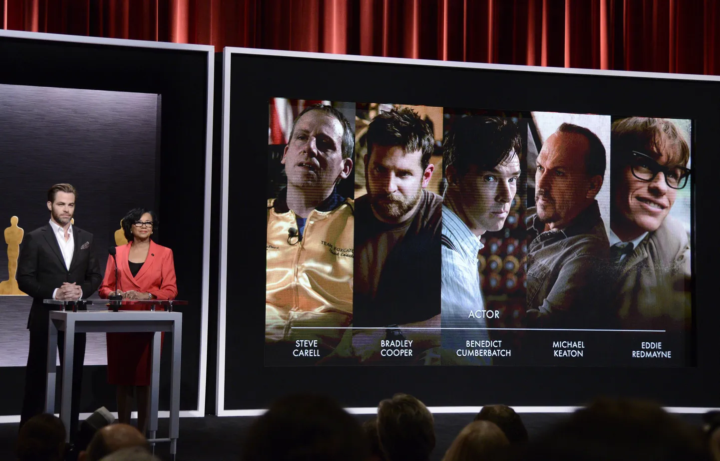 Meespeaosa Oscarile nomineeritud meesnäitlejad Steve Carell, Bradley Cooper, Benedict Cumberbatch, Michael Keaton ja Eddie Redmayne