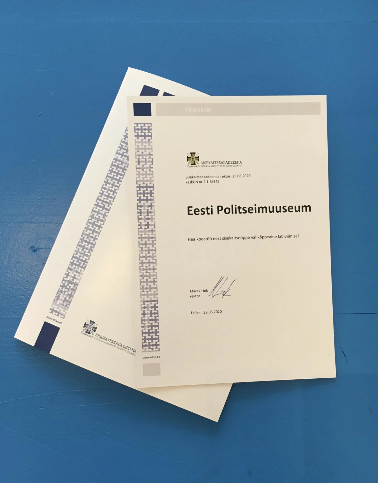 Tänukiri sisekaitseakadeemialt.