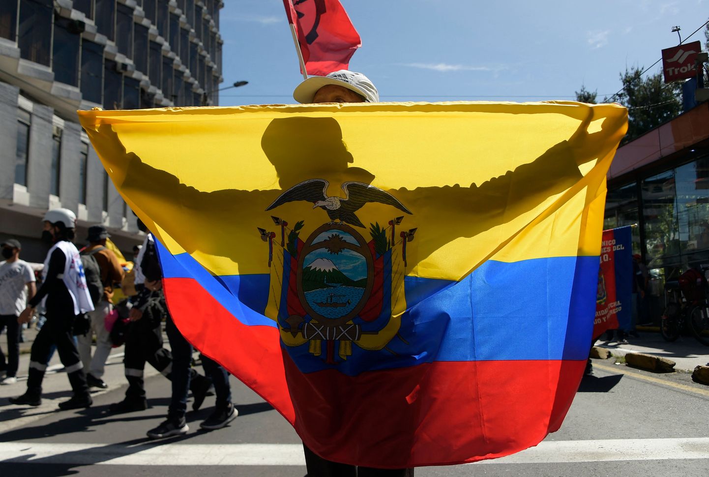 Demonstrant hoidmas meeleavalduse ajal Ecuadori riigilippu.